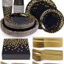 224 Pieces Party Supplies, Black and Gold Party Plates Cups and Napkins Sets with Plastic Knives forks spoons, Disposable Tableware Serves 32 Sets for Wedding, Birthday, Graduation, Festivals