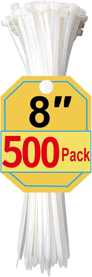 Zip Ties 8 Inch, 500 Pack, White Cable Ties for Multi-Purpose, Nylon/Plastic Wire Ties for Home Improvement, Office & Outdoor Use (Clear-Colored Style), 40lb Tensile Strength.