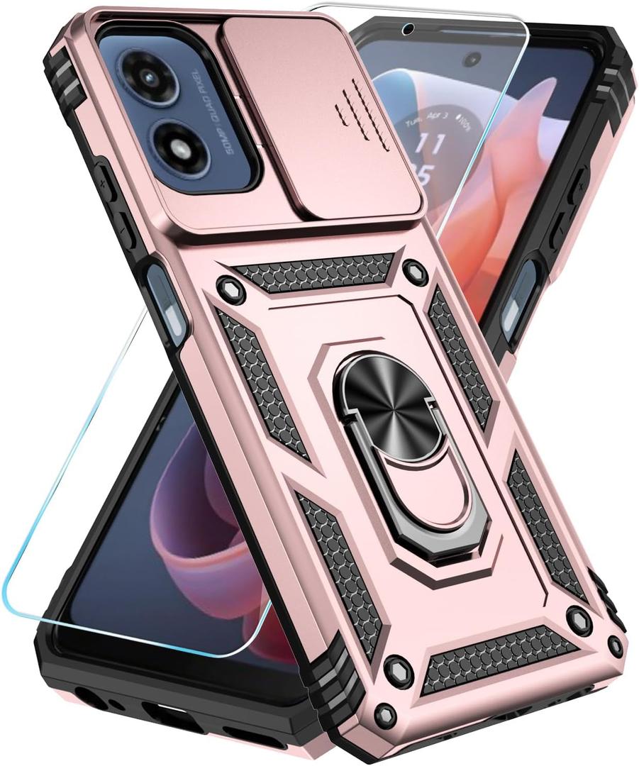 SunStory Phone Case for Motorola Moto G Play 2024 Case with HD Screen Protector & Slide Camera Cover & Kickstand, [Military-Grade] Phone Case for Moto G Play 2024 (Rosegold)
