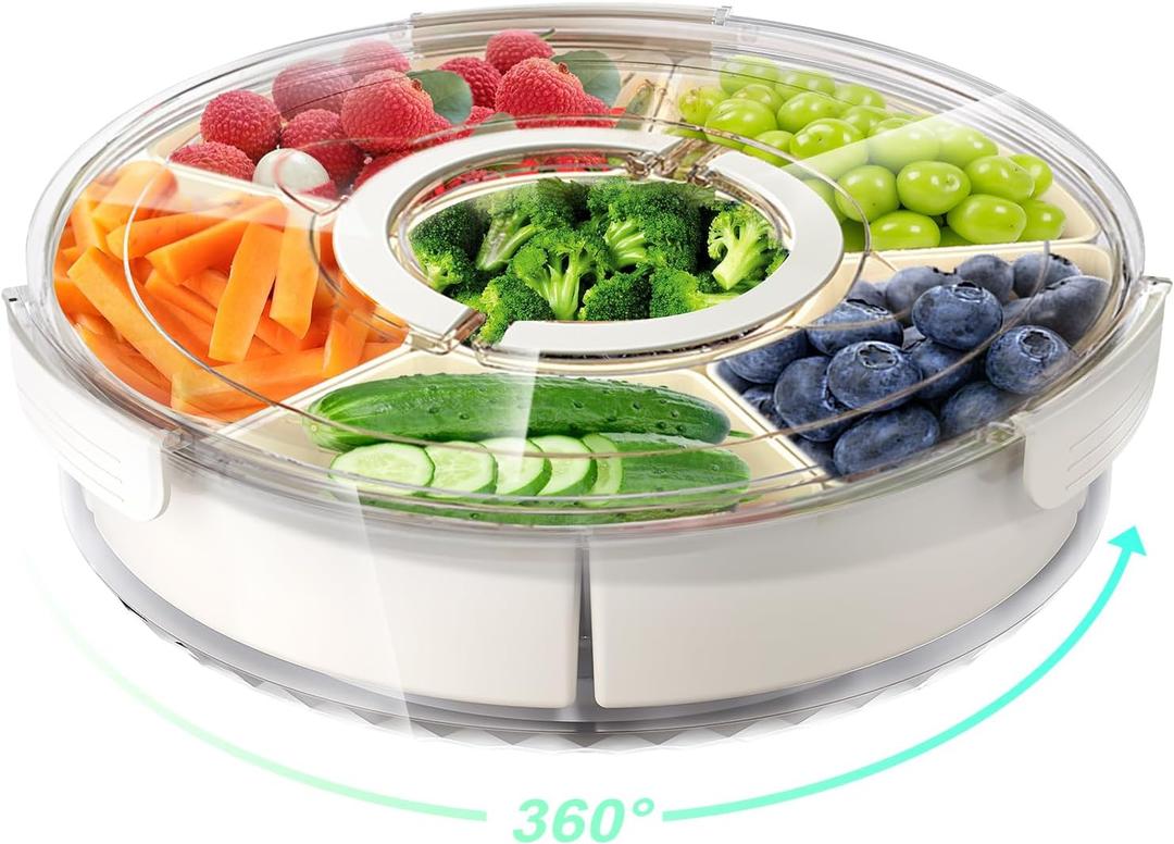 Divided Rotating Serving Tray with Lid and Handle, Portable Snackle Box for Fruits Snacks Veggie Charcuterie, Clear Lazy Susan Organizer and Fridge Storage Container for Adults Child (1PCS,12" L (White)