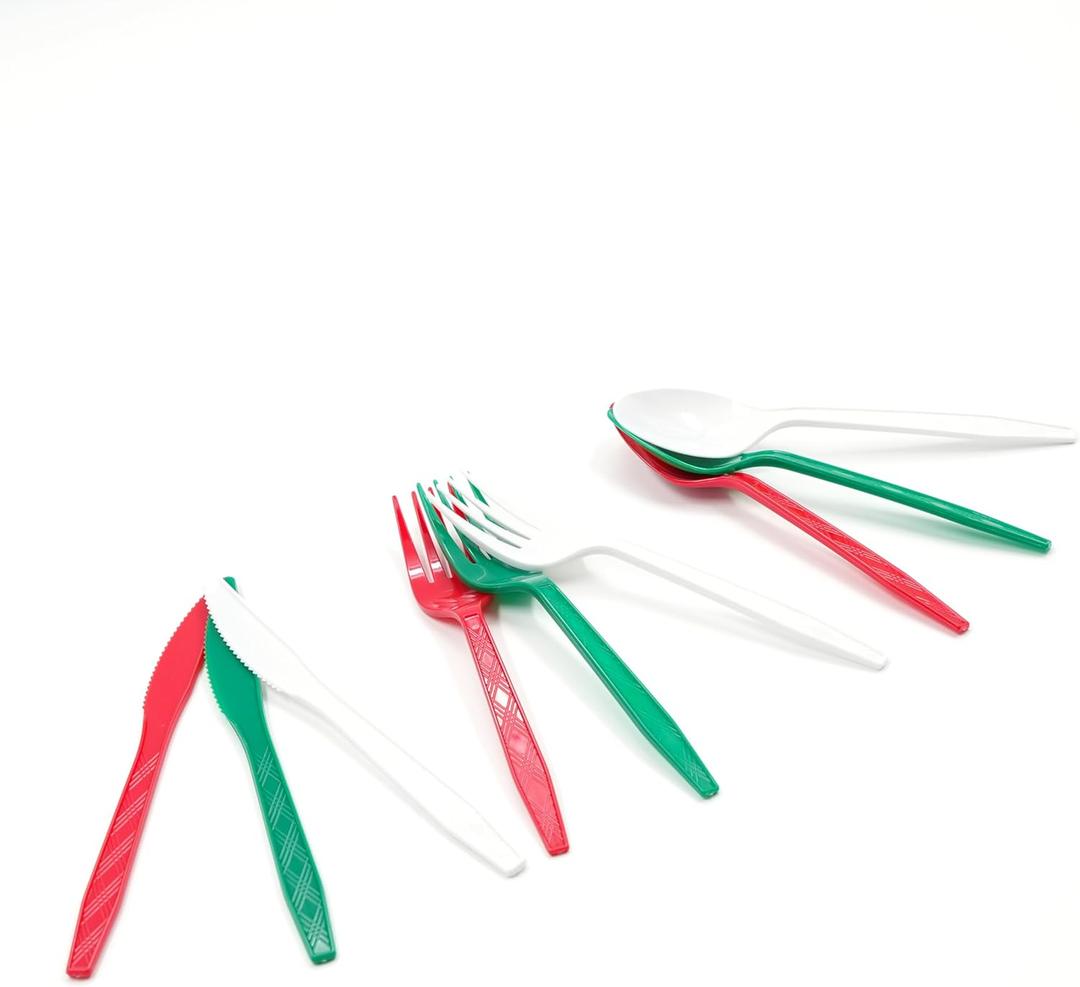 360-Piece Christmas Plastic Tableware Set, Disposable Heavy Tableware Set, Including 120 Red, Green and White Knives and Spoons, Christmas Party Supplies