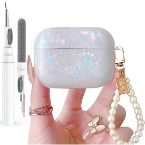for Cute Glitter Airpods Pro 3 Case 2025 with Cleaner Pen, Shell Pattern Apple Airpod iPod Pro 3rd Generation Cover Protective Skin Girl Women with Luxury Pearl Keychain, Colorful