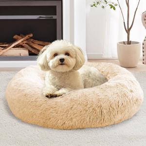 JOLLYVOGUE Calming Dog & Cat Bed for Small Dogs, Anti-Anxiety Donut Cuddler Cozy Soft Round Bed with Anti-Slip Bottom, Fluffy Faux Fur Plush Cushion Beds for Small Medium Dogs (20") (Rice White)
