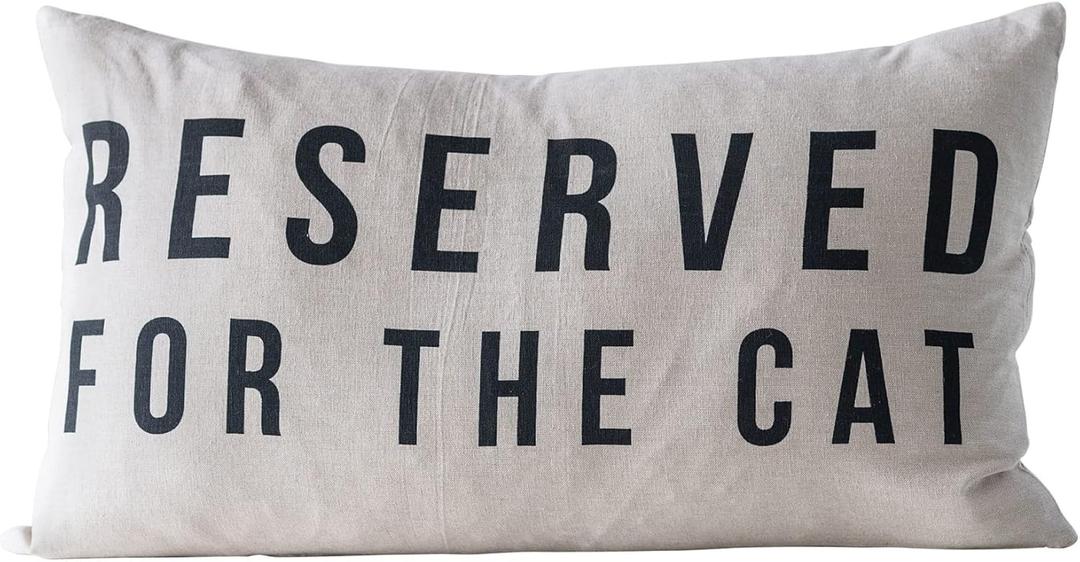 Creative Co-Op Reserved for The Cat Cotton Pillow, White