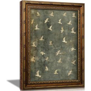 Vintage Gold Framed Flying Birds Wall Art, Retro Muted Green Seagull Canvas Print, Flock of Seagulls in Flight Picture Wall Decor, Antique Neutral Nature Poster Artwork for Living Room Bedroom, 24"L x 16"W