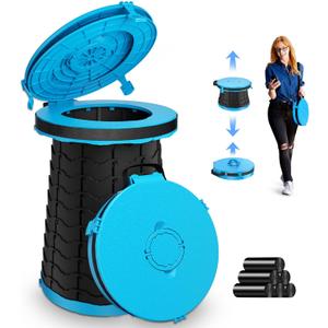 XXL Portable Toilet - 19.7"H Adjustable Foldable Camping Toilet, Luggable Loo with Lid, Strap,Toilet Bag for Camping, Hiking, Travel and Car (Blue)