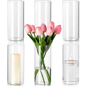 Hewory Glass Cylinder Vases Set of 4, Hurricane Candle Holders for Pillar or Floating Candles, Tall Clear Vase for Centerpieces, Round Vases for Wedding Anniversary Events Home Table Decor, 7.9in (D3.3" x H7.9")