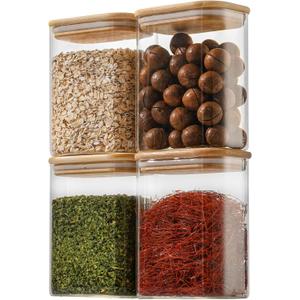 37oz Rectangle Airtight Glass Storage Containers with Bamboo Lids (Set of 4), Square Food Storage Jar, Pantry Organizers for Cereal, Nuts, Snacks and Coffee beans (with Black Lable)