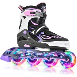 2PM SPORTS Vinal Girls Adjustable Flashing Inline Skates, All Wheels Light Up, Fun Illuminating Skates for Kids Men Adult Women and Boys (Large - Youth (4-7 US), Purple & Pink)