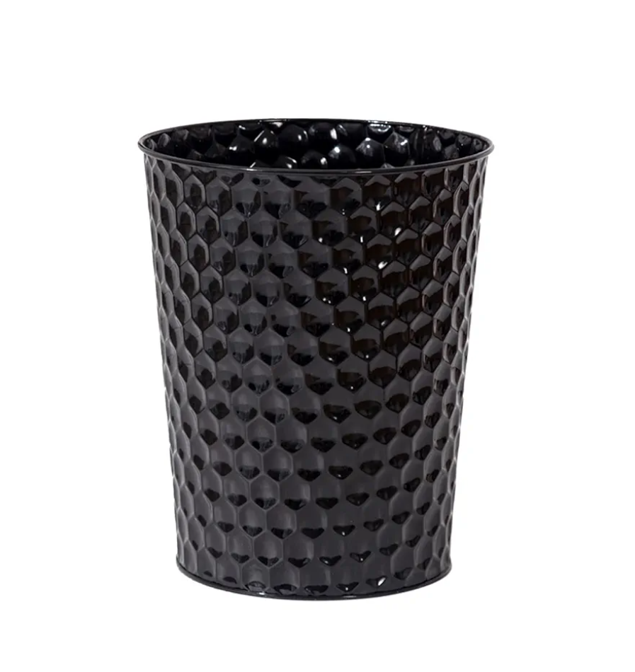 Small Metal Trash Can Wastebasket, Decorative Honeycomb Garbage Can Waste Basket, Modern Farmhouse Round Trash Bin for Bathroom, Bedroom, Kitchen and Office (Black)