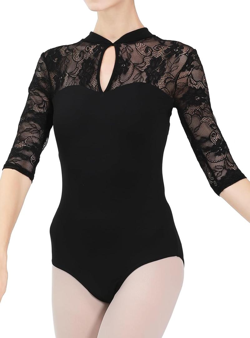 Penny - Floral Lace Dance Leotard For Women. Half Sleeve Leotards for Women Ballet and Dance (Black), Size: Adult M