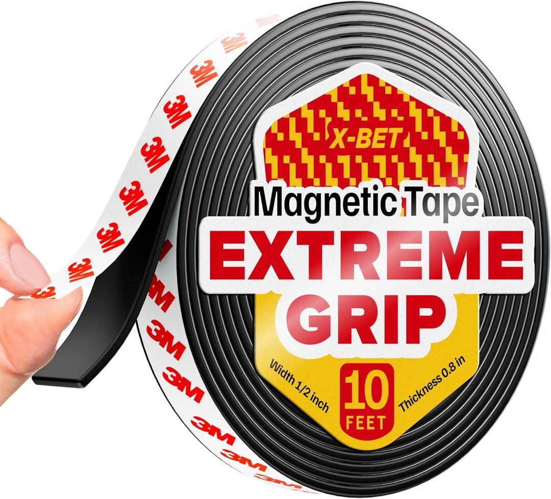 Super Sticky Magnetic Tape (10 feet x 1/2 inch) - Stong Magnet Strip with Adhesive Backing for DIY & Crafts - Easy to Cut and Mount on Fridges, Whiteboards & More, 2 Pack