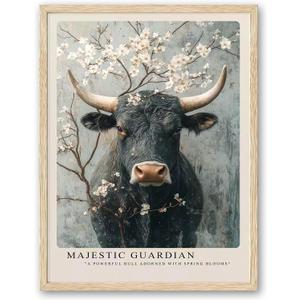 Bathroom Picture Wall Decor A Powerful Bull Adorned With Spring Blooms OAK Wood cow canvas Wall Art, 8x10in , bathroom wall art Rustic Farm Animal Canvas Print Poster for Living Room Bedroom Home Decoration