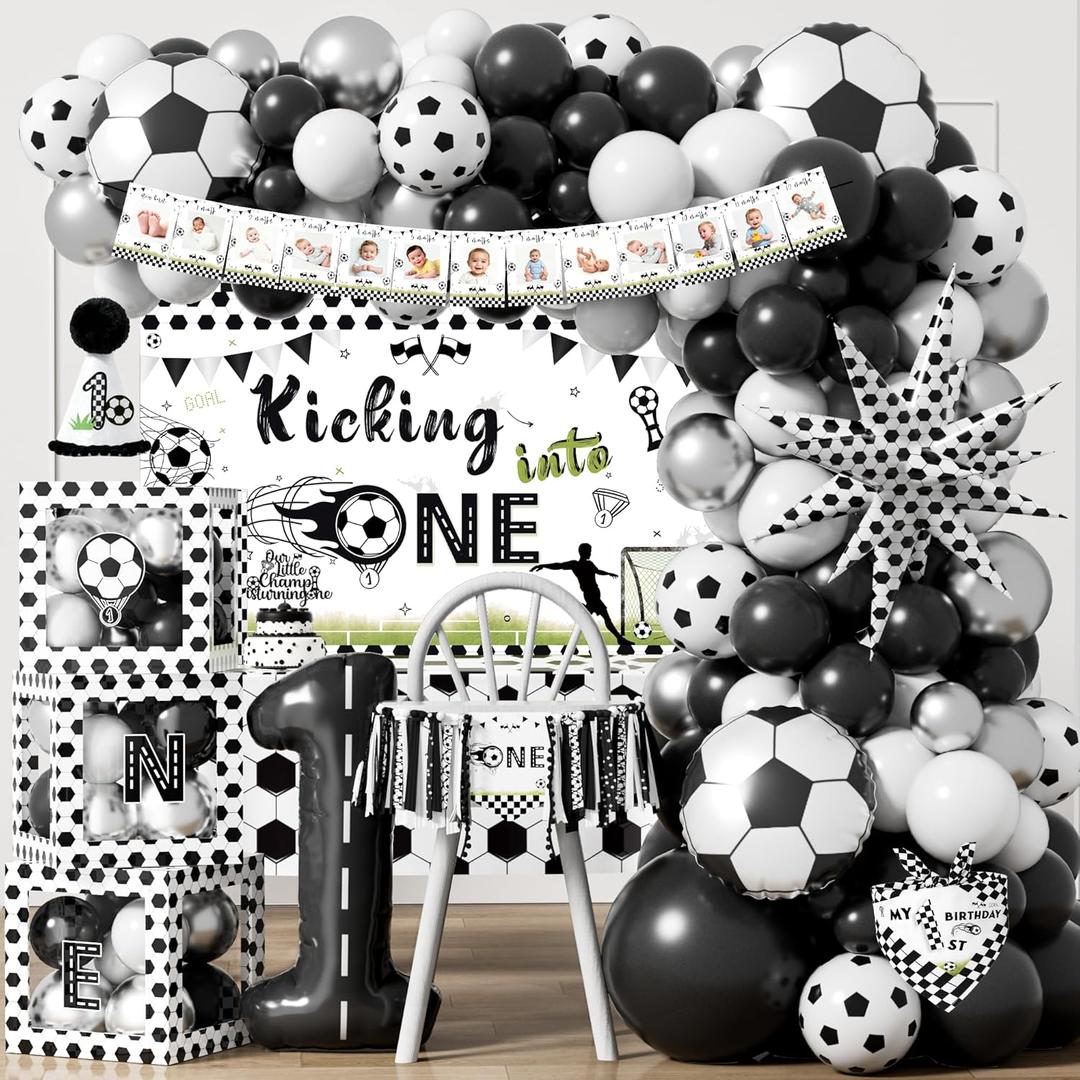 Soccer 1st Birthday Party Decorations, 1st Soccer Birthday Supplies Kit, Sports Football-Themed First Party Decor for Boys, Black and White Balloon Garland Banner Tablecloth Backdrop for 1st Boys