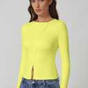 QINSEN Women's Long Sleeve Ribbed Crewneck Shirts Upper Button Fastening Going Out Tops (Yellow, S)