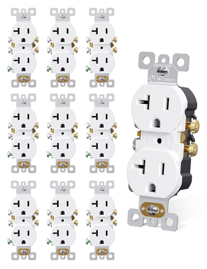AIDA 20 Amps Outlets Duplex Electrical Receptacle Outlets, Electrical Outlet, 20Amp 125V Heavy-Duty Wall Outlet, Residential, 3-Wire, Self-Grounding, UL Listed, Side Wire (10 Pack, White) (Without Wall Plate)