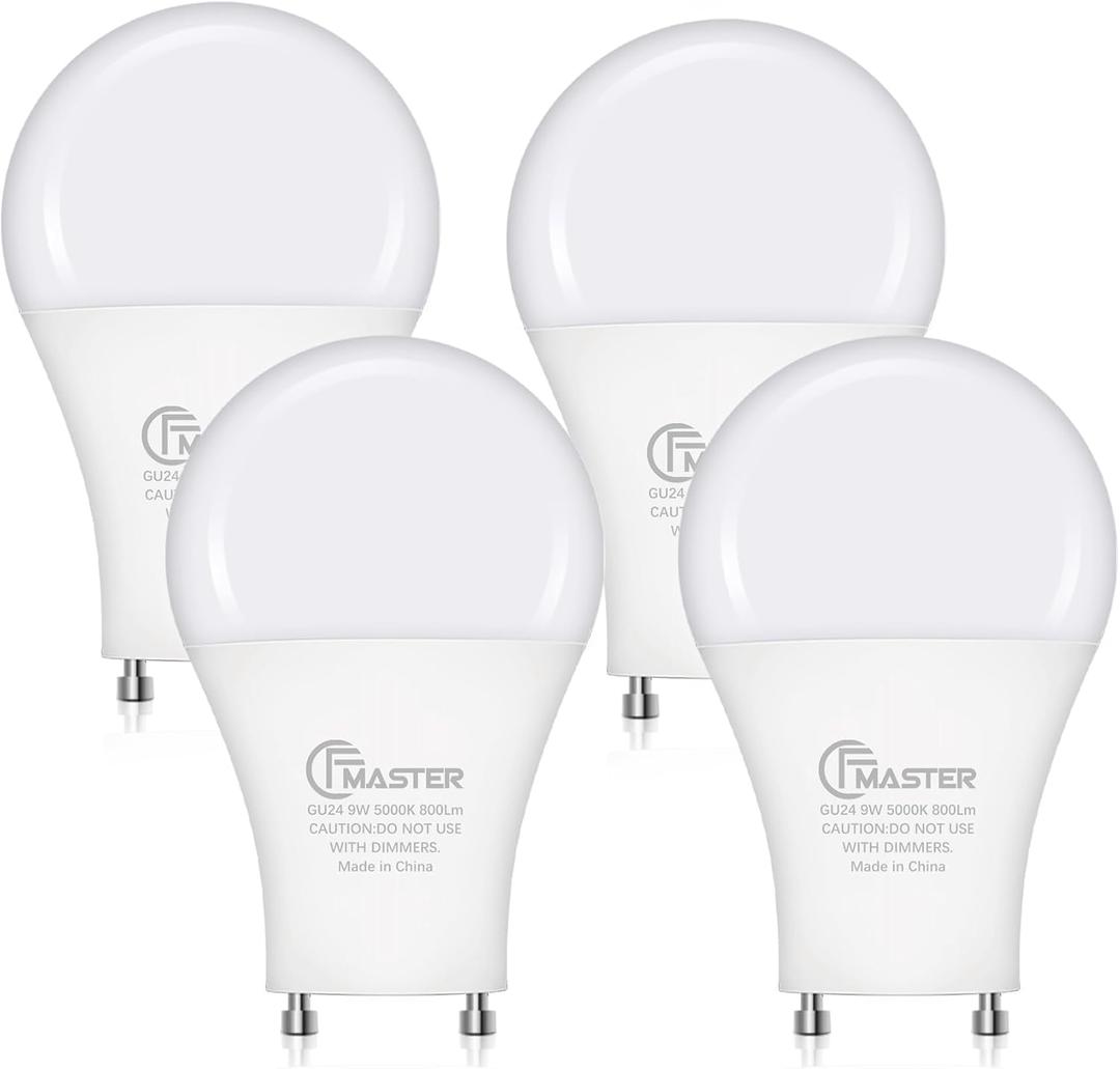 GU24 LED Light Bulb, 5000K Daylight, 9W(100W Equivalent), 800 Lumens, A19 Shape GU 24 LED Bulbs, Twist and Lock GU24 Pin Base with Two Prongs, Non-Dimmable, UL ETL Certificated(4-Pack)