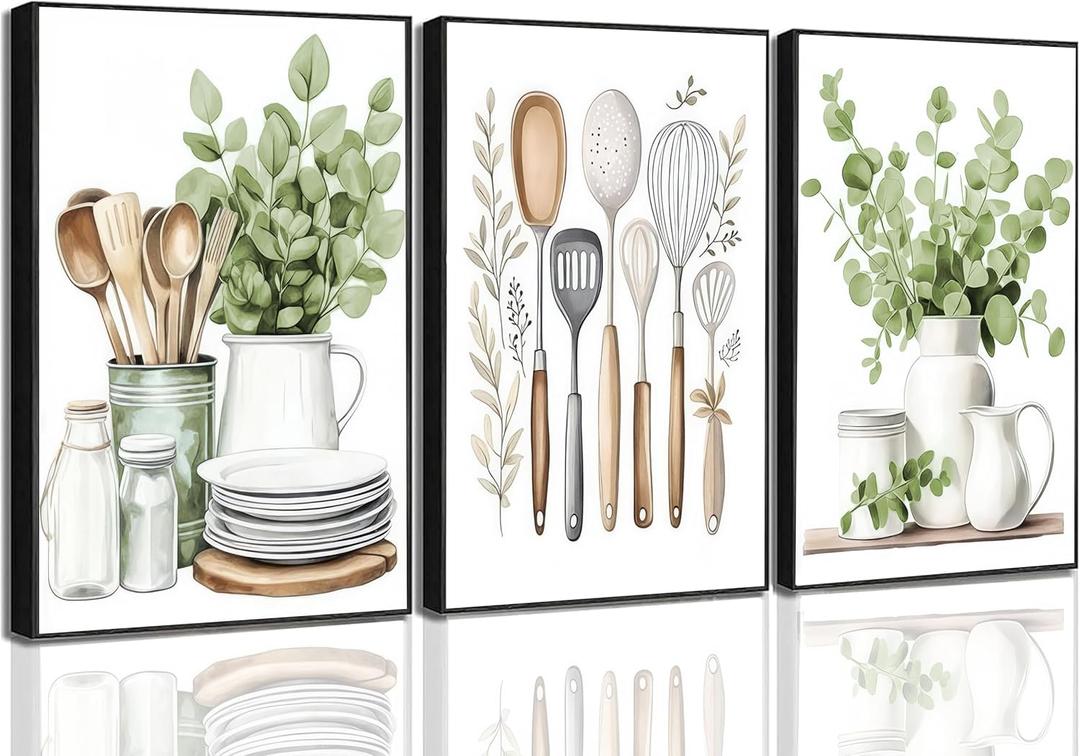 3 Pcs Sage Green Farmhouse Kitchen Canvas Wall Art Minimalist Dining Room Eucalyptus leaves plant Painting Pictures Wall Decor Poster Print Artwork For Dining Room kitchen Home Decoration Unframed (16"L x 12"W)