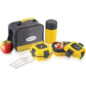 Pinnacle Thermoware Lunch Box Bag Set for Adults and Kids, Yellow, Stainless Steel and Plastic, Matching Cutlery Included