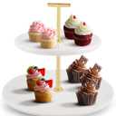 Supabon 2 Tiered White Marble Tray with Gold Metal Stand - Serving Tray for Desserts, Pastries, Cupcakes, Countertop Decor Display Stand, Detachable White Marble Plates with Gold Metal Handle