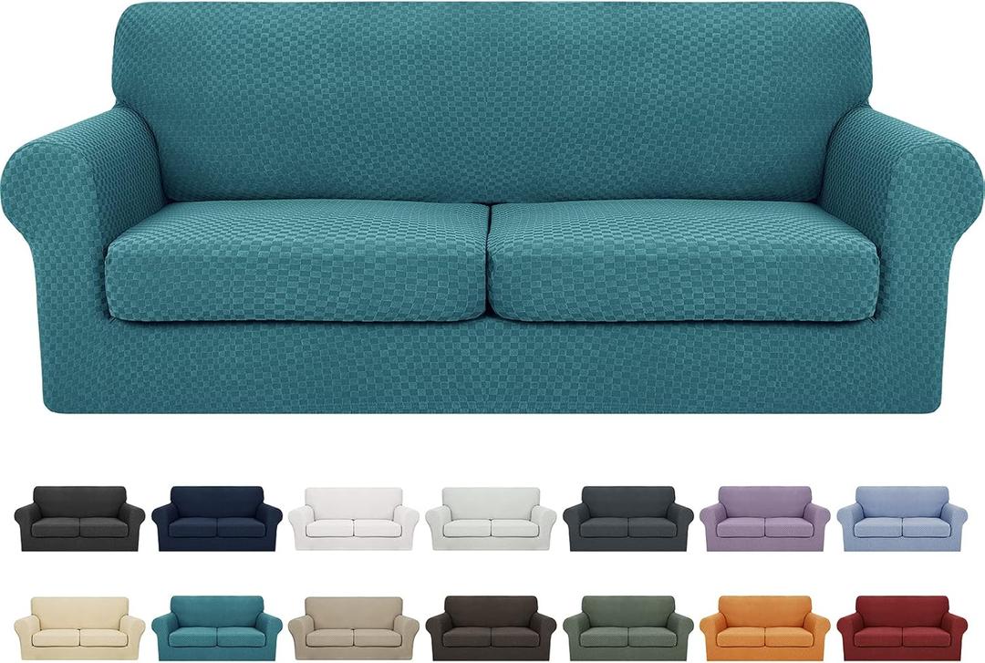 YEMYHOM Latest Checkered 3 Pieces Couch Covers for Couch High Stretch Sofa Cover with 2 Extra Large Seat Cushion Covers Anti Slip Elastic Slipcovers (XL Loveseat, Peacock Blue), 71" - 91" (2 CUSHIONS)