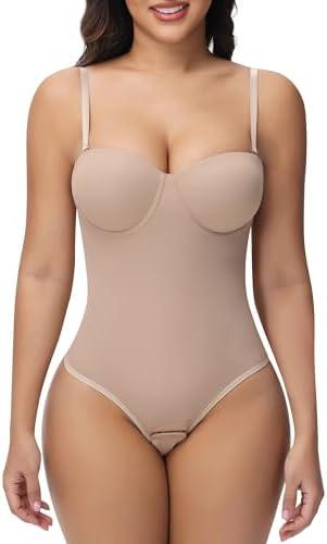 SHAPERIN Women's Tummy Control Shapewear Bodysuits Strapless Low Back Body Shaper with Built-in Bra & Removable Straps Size L