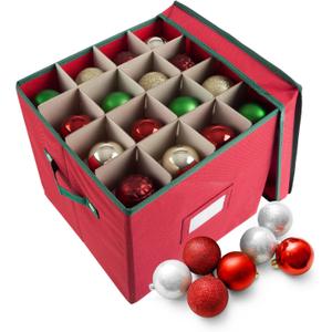 Christmas Decor Storage Box - Red Oxford Canvas Ornament Cube Chest With 64 Compartment Dividers, Riveted Handles, and Lid by Elf Stor