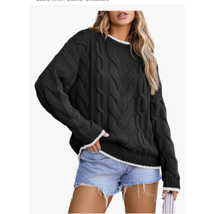 EVALESS Sweaters for Women Trendy Crewneck Long Sleeve Color Block Sweater Tops Fall 2024 Chunky Cable Knit Pullover Sweaters S