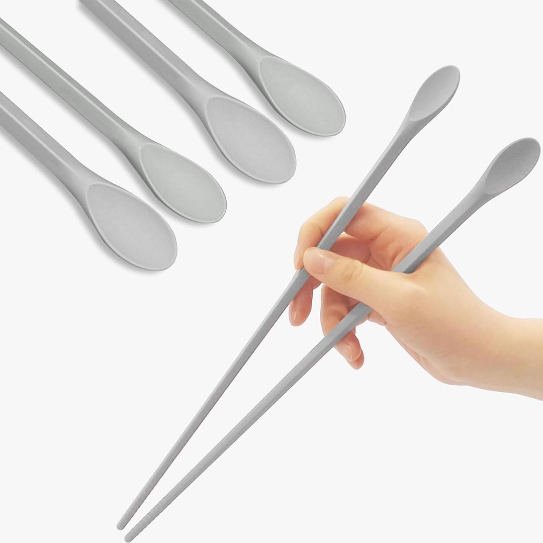 Reusable Long Silicone Cooking Chopsticks with Spoon 12 Inches 2 Pairs Set, Dishwasher Safe, BPA-free Non-Slip, Non-Scratch, Korea Japanese Kitchen Utensils (Pastel Grey 2 Set)