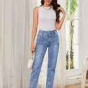 Metietila Women's High Waisted Jeans with Patch Pockets Straight Leg Jeans Stretchy Denim Pants for Women (Blue, XL)