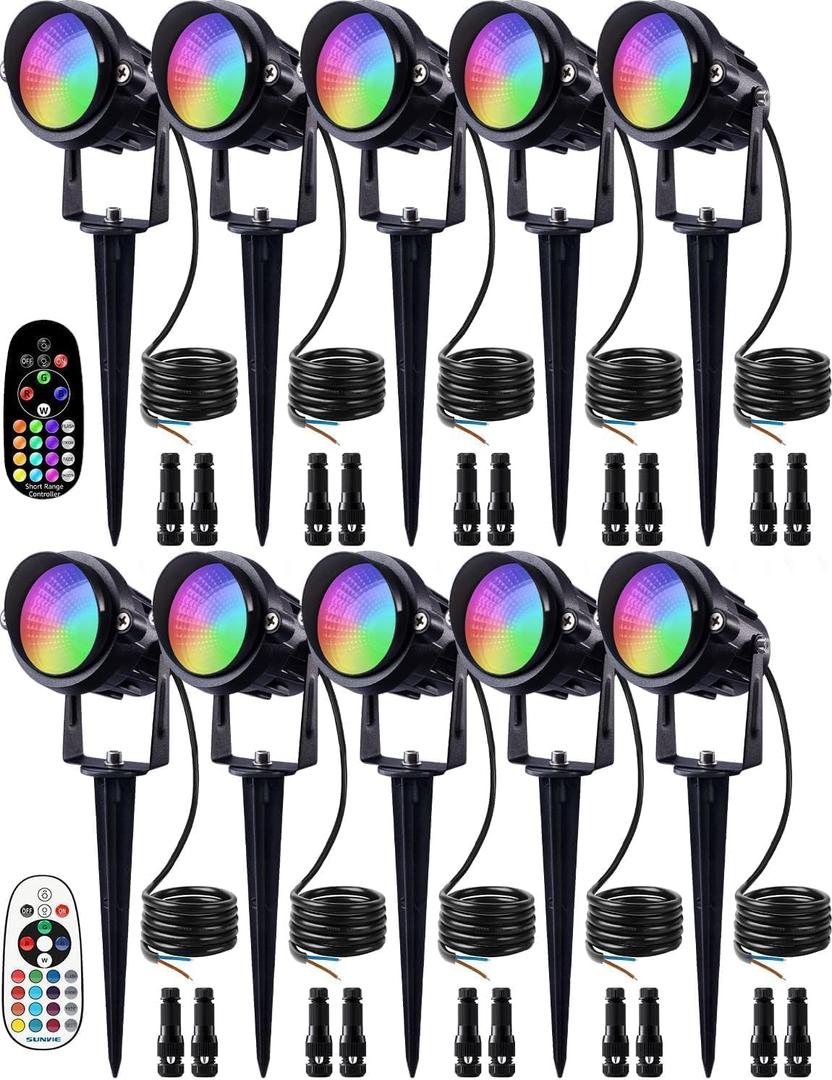 SUNVIE 12W Low Voltage Landscape Lighting RGB Color Changing LED Landscape Lights with Remote Control Waterproof Garden Patio Spotlight Christmas Decoration for Outdoor(10 Pack with Connector)