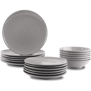 Amazon Basics 18-Piece Stoneware Dinnerware Set, Service for 6, Microwave and Dishwasher Safe, Plates and Bowls for Everyday Use, Smokey Grey