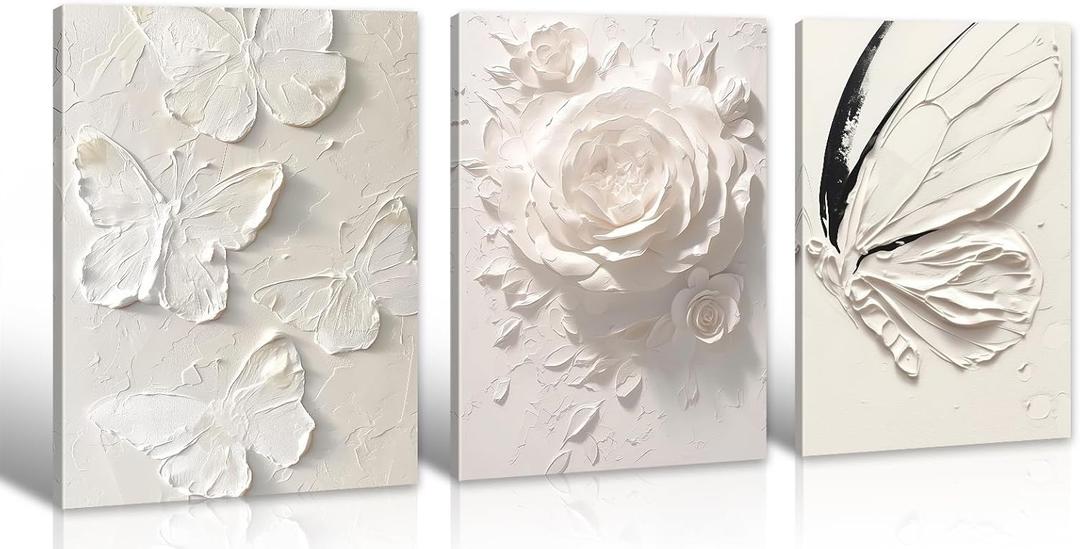 JiazuGo White Butterfly Wall Decor - Modren Butterfly Flower Nursery Canvas Wall Art Contemporary Abstract Art Oil Painting Prints Bathroom Bedroom Home Decorations 2"W x 16"H (3 Pieces), Butterfly Flower