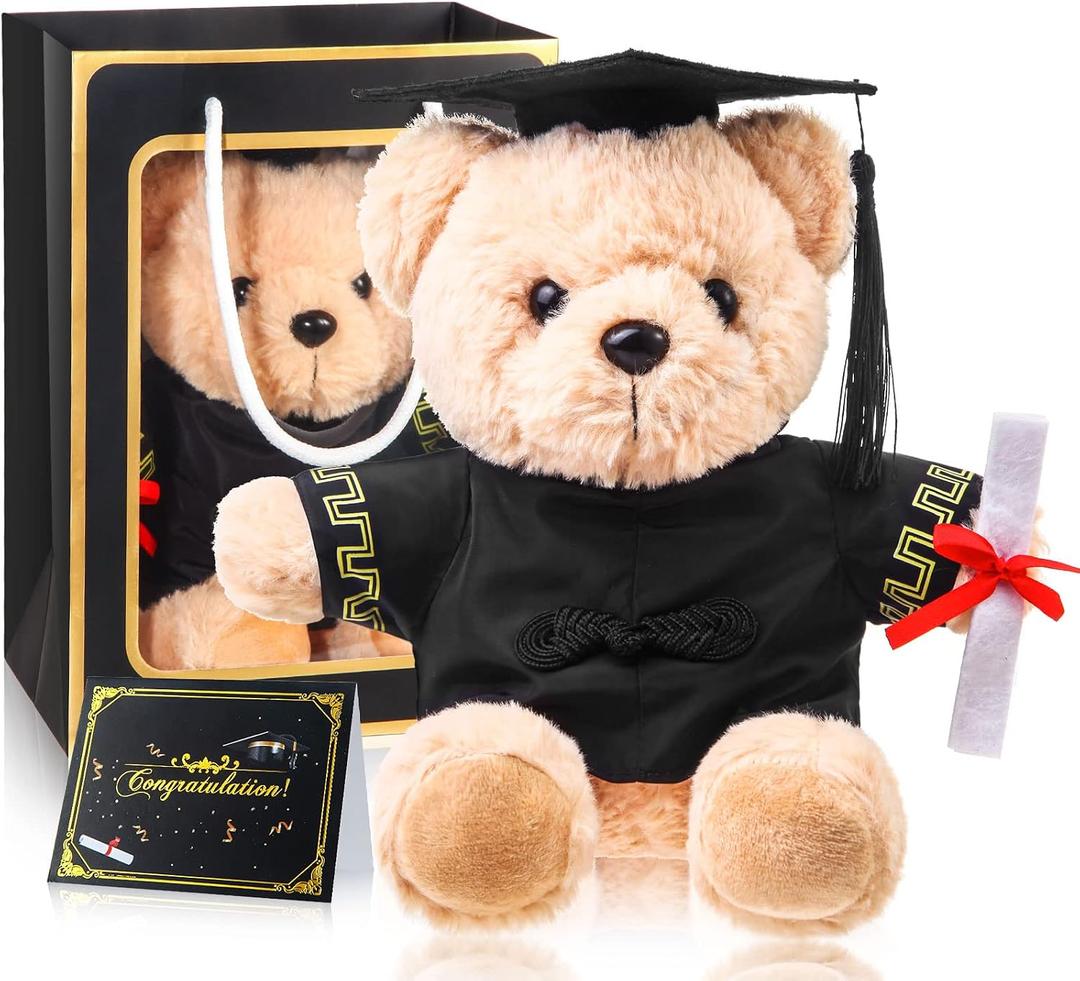 Bear with Graduation Cap Toys Class of 2026 Plush Stuffed Teddy Bear Animal Dog Cap and Gown with Greeting Card and Bag for Graduation Day Gift(Black)