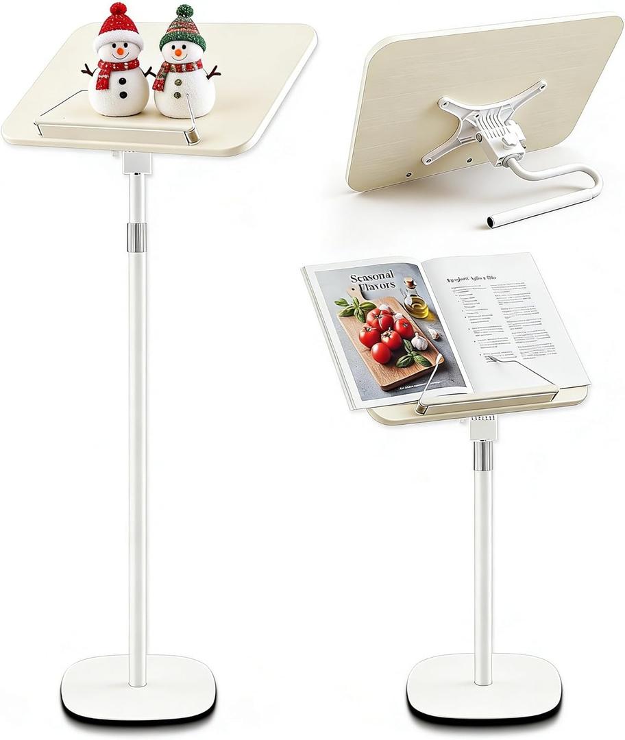 2 in 1 Dual-use Floor & Desktop Book Stand White, 19.6-54 Inch Height Adjustable, for Bible Stand Music Holder Podium Recipe Cookbook, Foldable Book Holder for Reading with Page Clips