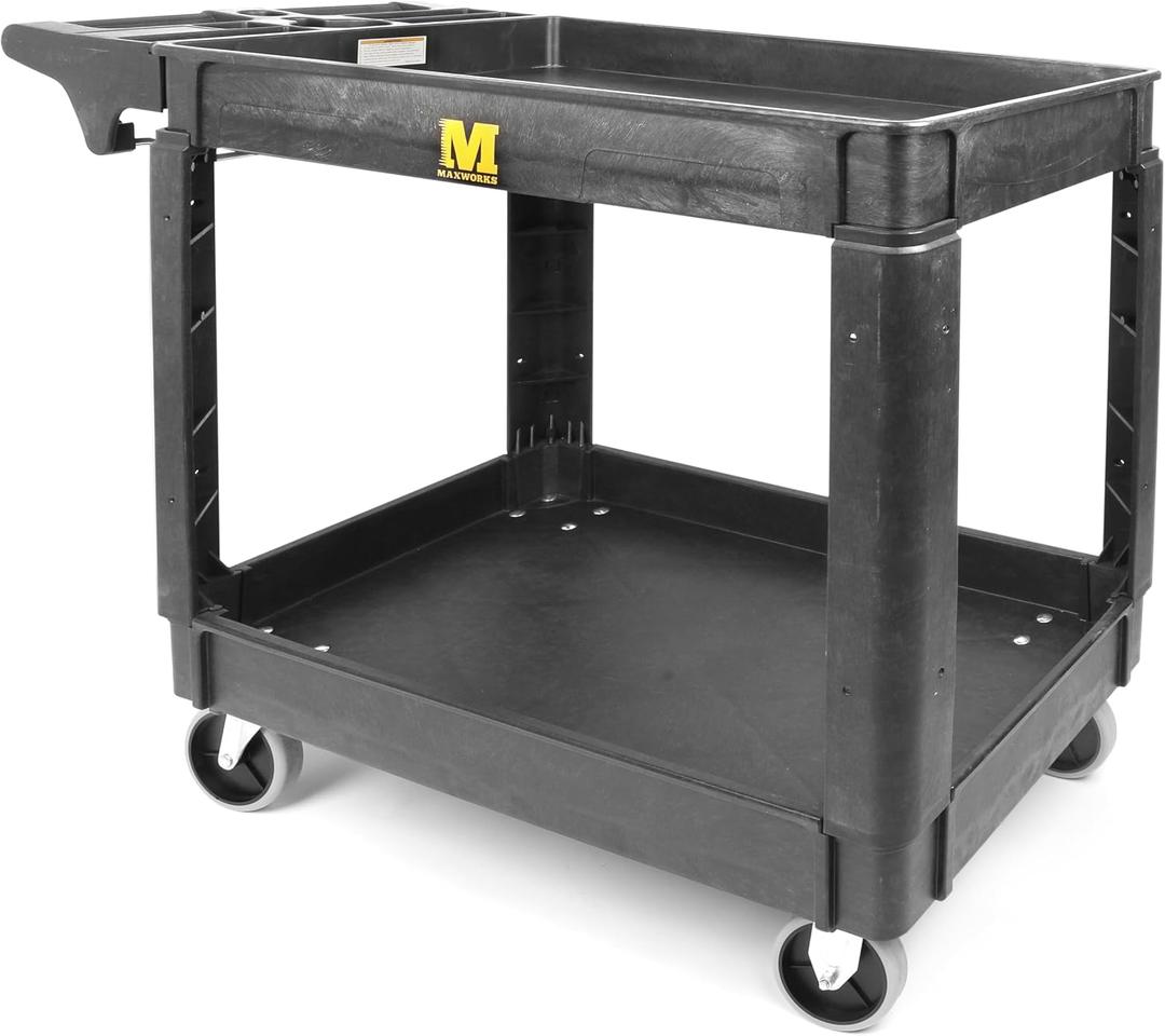 MaxWorks Heavy Duty 2Shelf Service Cart 500 lb Capacity Polypropylene Utility Cart with 5" NonMarring Casters Deep Trays and Built-in Tool Storage for Garage Warehouse Workshop (80855)