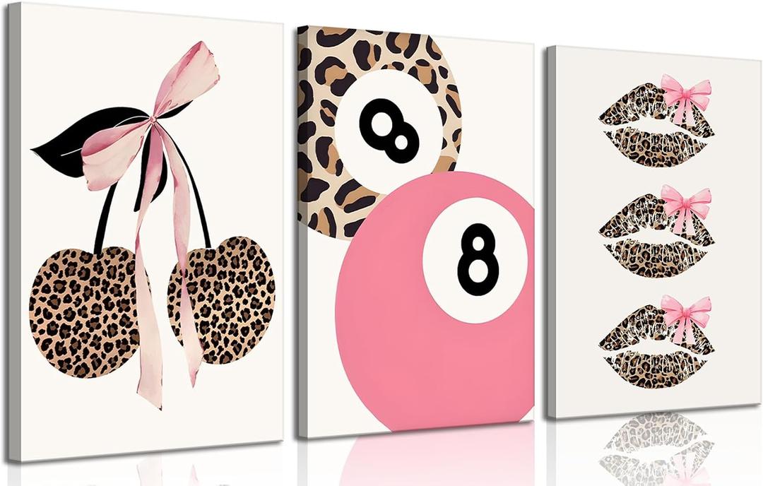 Trendy Pink Leopard Bow Canvas Wall Art Set of 3 Funky Cherry Lucky 8 Ball Posters Prints Cute Coquette Preppy Room Aesthetic Wall Decor Pictures for Girls Bedroom Apartment Dorm 16x24in, 24L" x 16W"canvas