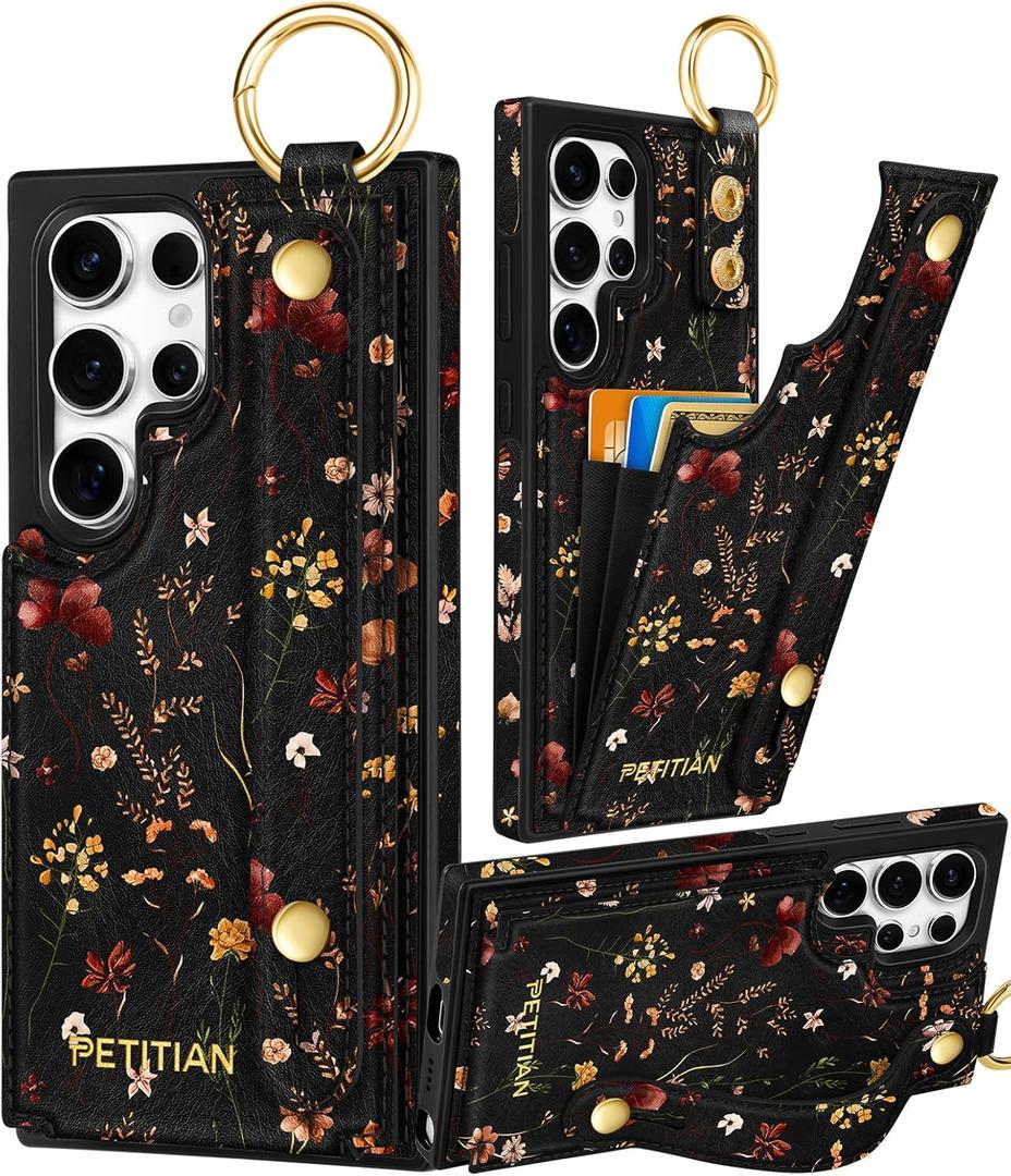 Petitian for Samsung Galaxy S25 Ultra Case with Wallet - Women Girls Cute Girly Aesthetic Unique Design Leather Credit Card Holder Cardholder Stand Wristband for S25 Ultra, Grow Flower