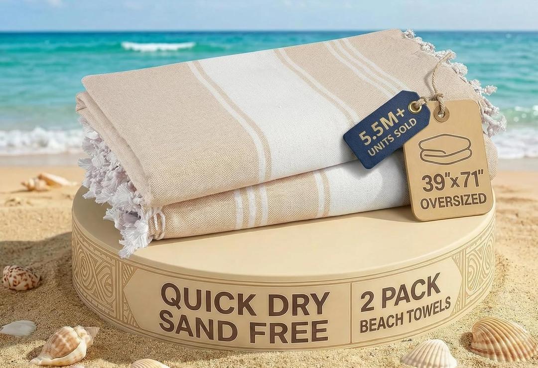 LANE LINEN Oversized Beach Towels, 2 Pack Turkish Towel Set for Adults, Lightweight, Quick Dry, Absorbent & Sand Proof, 39"x71" Pool Towels  Beige