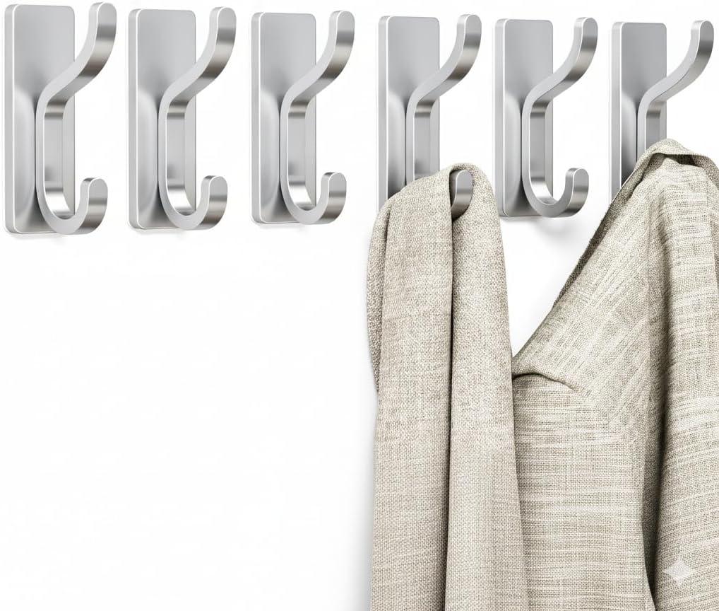 3 x pickpiff Adhesive Wall Coat Hooks - Heavy Duty Stick-On Door Hanger, Metal Hook for Hanging Towel,Purse, Robe, Backpack, Jacket, Clothes - for Bathroom,Dorm, Closet, Kitchen - Silver, 6 Pack