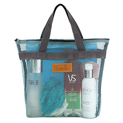 TOPASION Mesh Shower Caddy Bag Portable Hanging Toiletry and Bath Organizer with Zipper for Swimming, Travel, Gym, Camping, College Dorms, Beach (Sky Blue)