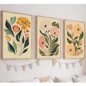 3Pcs Boho Floral Canvas Wall Art Pictures Abstract Flower Market Posters Prints Botanical Painting Wall Decor for Living Room Bedroom Home Office 12x16in Unframed