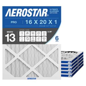 Aerostar 16x20x1 MERV 13 Air Filter, 6 Count, ACTUAL SIZE (15.50 x 19.50 x 0.75 ), HVAC, Air Conditioning & Furnace Filter for Allergies, Dust, Pet Dander & Smoke (MPR 1500 / FPR 10), Made in USA