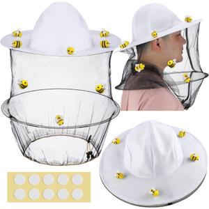 Unittype 22 Pcs Halloween Beekeeper Costume Set Including 2 Bee Keeper Hat and Veil, 10 Wool Felt Bee, 10 Round Double Sided Tape Beekeeper Helmet Bug Insect Hats with Netting for Men Women Adult