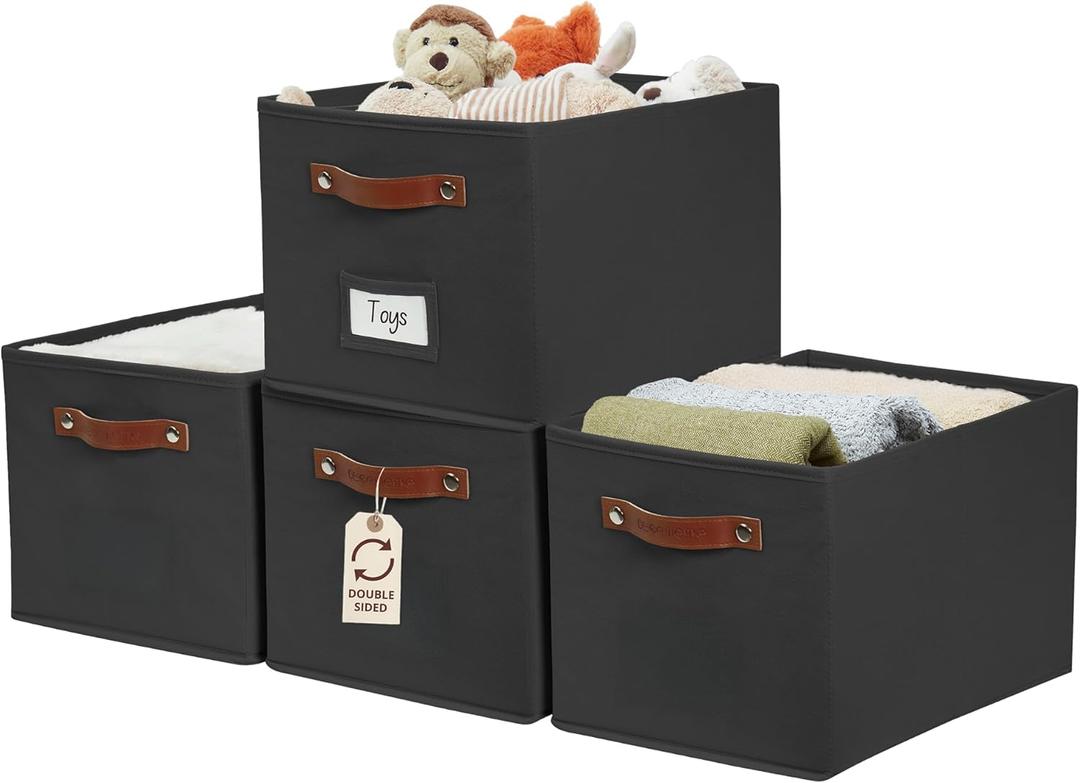 DECOMOMO Storage Baskets for Shelves - Large 15"x11"x10" Foldable Fabric Storage Bins, Baskets for Organizing with Labels (Black, 4pcs)