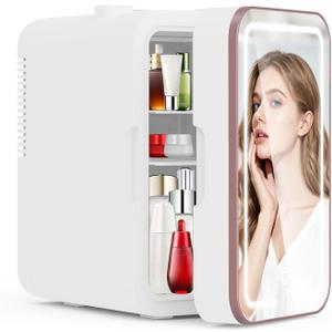 YLFU Mini Fridge for Bedroom, 6L Skincare Fridge with Dimmable LED Light Mirror for Dorm & Office, Portable Cooler & Warmer Small Compact Refrigerator for Skincare, Makeup and Cosmetics, White