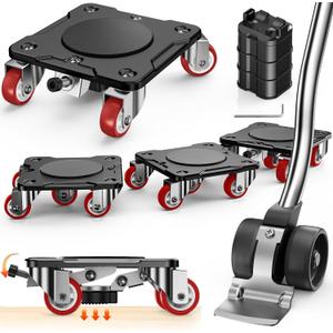 Heavy Duty Furniture Movers with 5 Wheels & Parking Function Carbon Steel Panel Furniture Dolly Set with Lifter, 360 Rotating Casters for Easy Moving, Max Load 2200 LBS