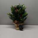 24H Pre-lit Artificial Mini Christmas Tree with Timer, Tabletop Xmas Tree with 20 LED & Burlap Base, Decorative Table Tree for Christmas Party Festival Home Decor (Green/White)