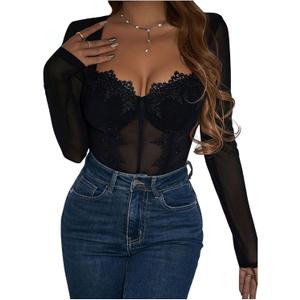 SweatyRocks Women's Sheer Floral Lace Long Sleeve Bodysuit Tops Sweetheart Neck Jumpsuit, L
