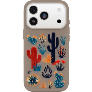 OtterBox iPhone 17 Pro Symmetry Series Cactus Leather Embroidery Case - Cactus Garden - Grey - Textured, Embroidered Cactus Garden Artistic iPhone Case